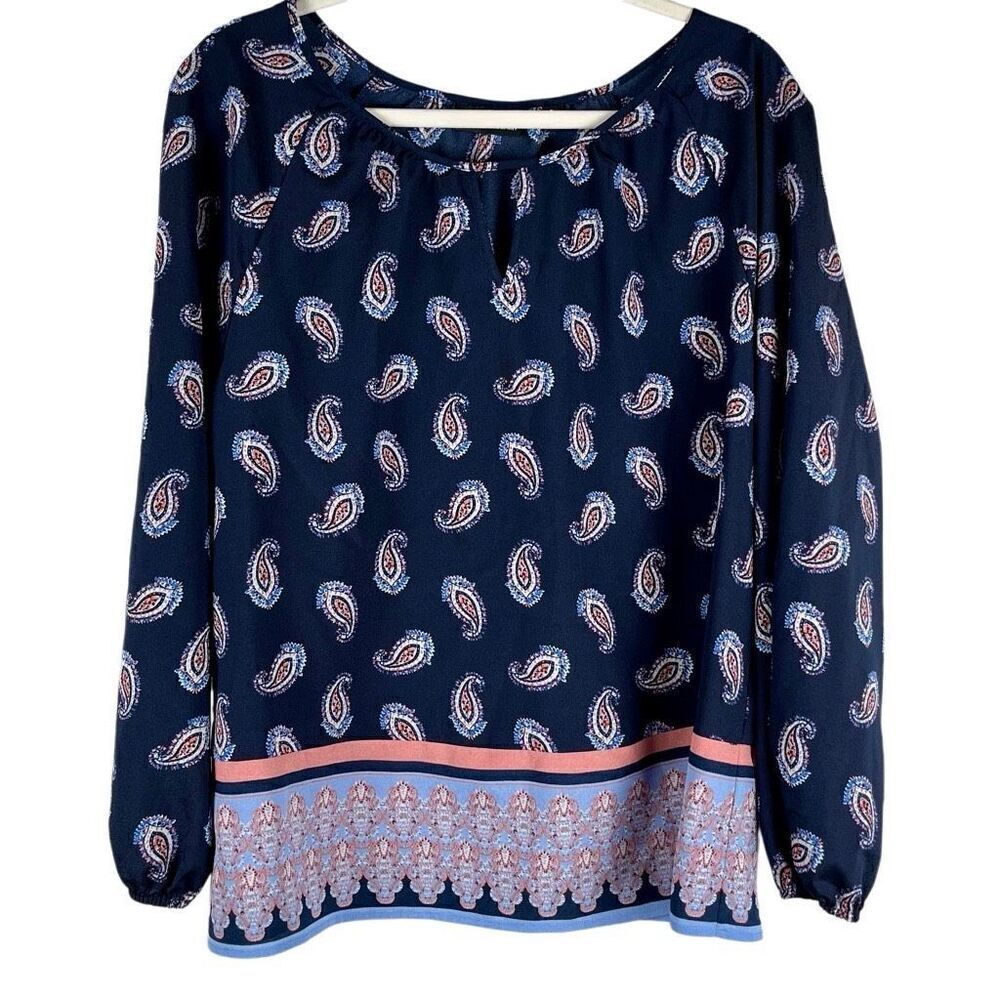 7th Avenue New York & Co Paisley Keyhole Long Sleeve Blouse XL